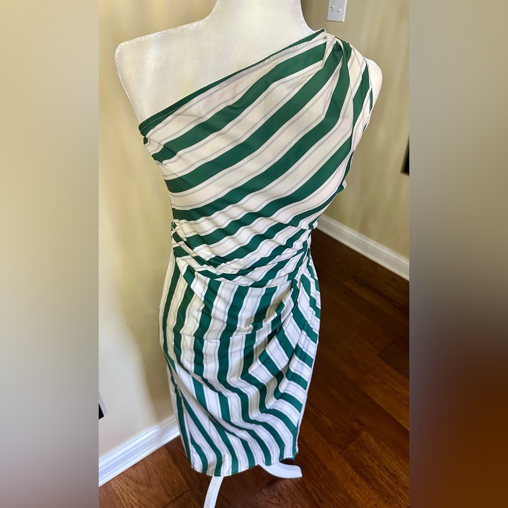 Green & White One-Shoulder Stripe Dress